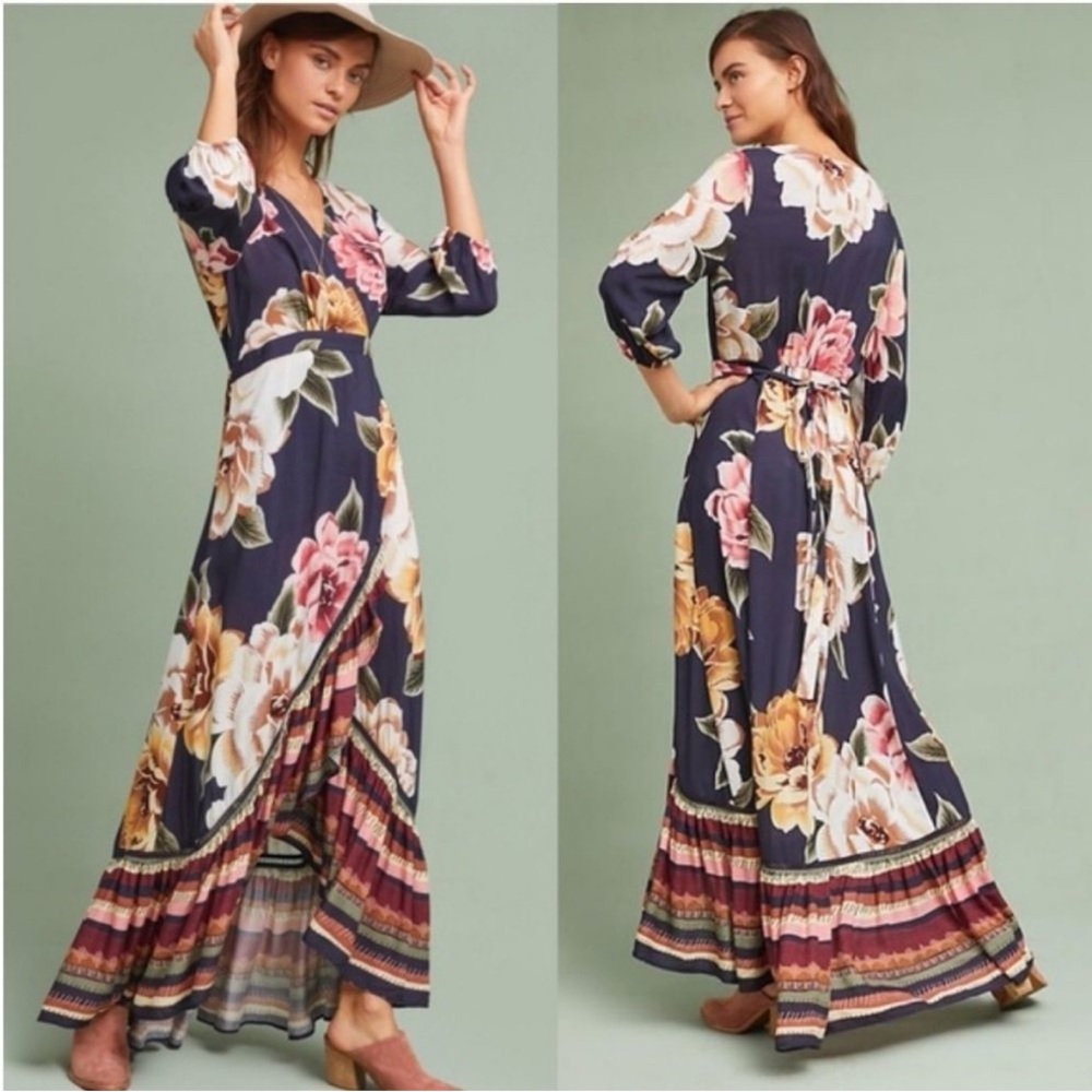 Farm Rio Layla Floral Ruffle High Low Maxi Wrap Dress, size XS